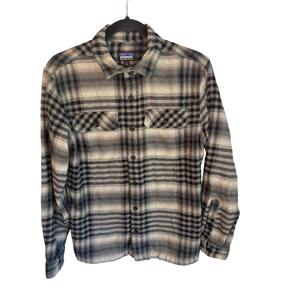 Patagonia Mens Fjord Flannel Shirt Grey Black Plaid Organic Cotton S 54130